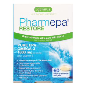 Igennus Pharmepa Restore - 500-mg EPA 60-Capsules in a white and blue box; contains pure ethyl-EPA concentrate available without prescription, suitable for counteracting omega-3 deficiencies and restoring healthy omega-6 to omega-3 ratio in the body