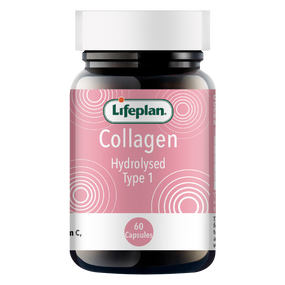 Lifeplan Collagen Hydrolysed Type 1 - 60-Capsules glass bottle pink label; This hydrolysed pure marine collagen supplement is highly bioavailable and easily digestible.
