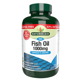 Natures Aid Fish Oil 1000mg (Omega 3) - 33% Extra Free - 120 caps - 90 + 30-Softgels green plastic bottle; provides omega 3 essential fats