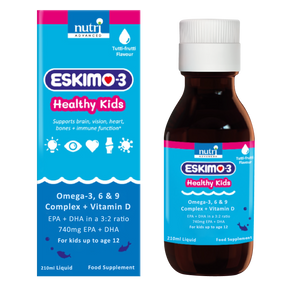 Nutri Advanced Eskimo 3 Healthy Kids Fish Oil - Economy Size - 210-ml brown glass bottle with blue label and blue carton; a pure stable fish oil suitable for kids aged 3-12 years